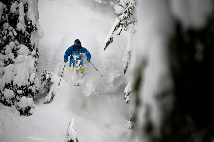 Cody Townsend skiing and taking air at Mt Baker, WA