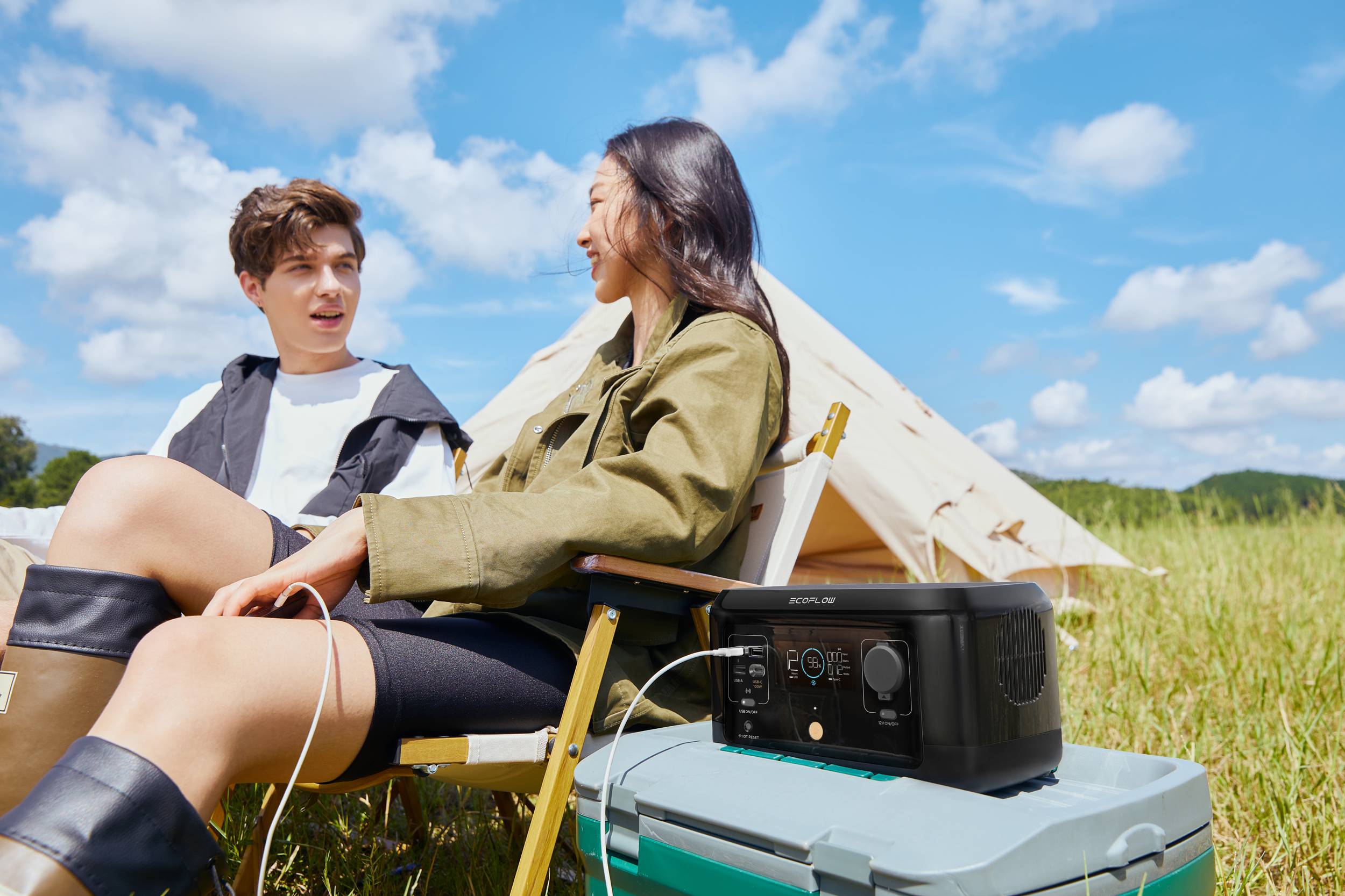 Ecoflow River Mini at a camp site with two people