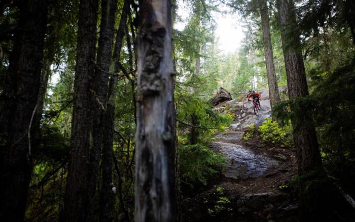 micayla gatto mountain biking down technical trail in forested area