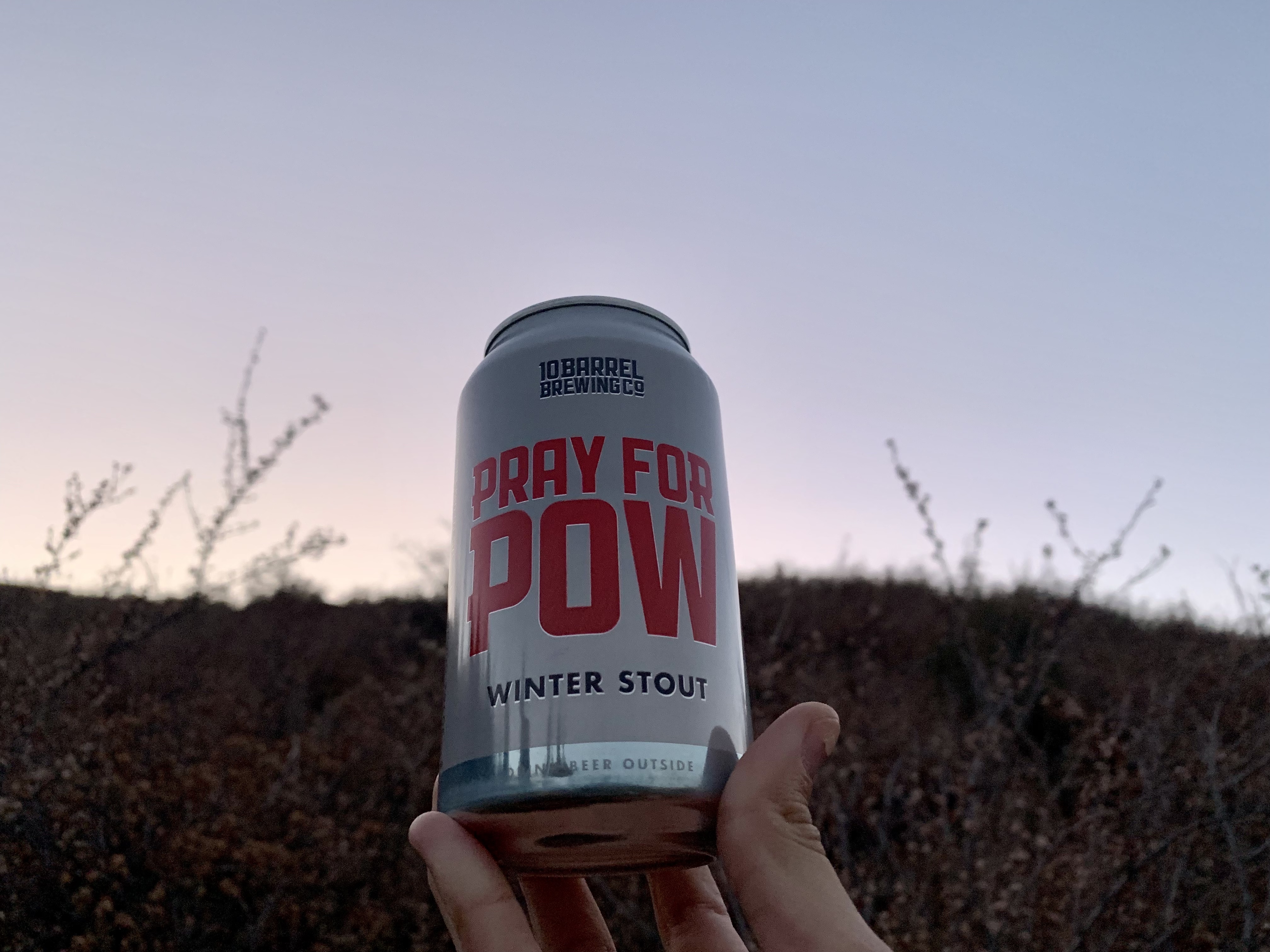 pray for POW winter stout pray for POW winter stout beer against a dark skyline at dusk