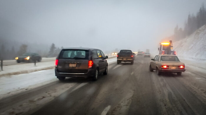 Drivers on snowy I-70 in Colorado
