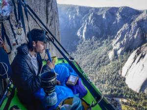 The author high up on El Cap on a portaledge