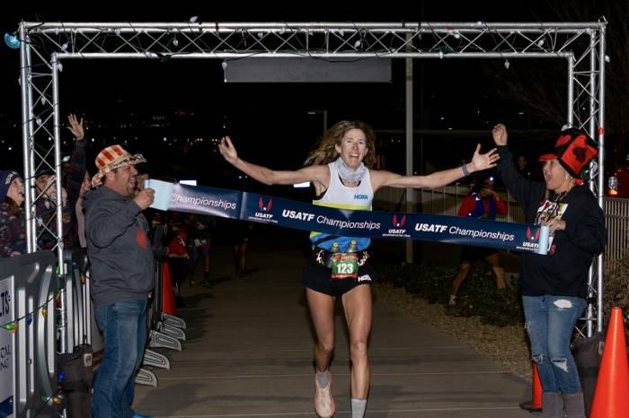 Camille Herron, world speed record holder for the women’s 100-mile; (photo/Kevin Youngblood for HOKA)