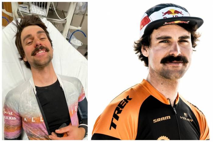 Gravel cycling's mustachioed golden boy wrecked late in the 100-mile Mid South gravel race on Sat. March, 12, 2022; (photos/@nicholebaker (L); Red Bull Content Pool (R))