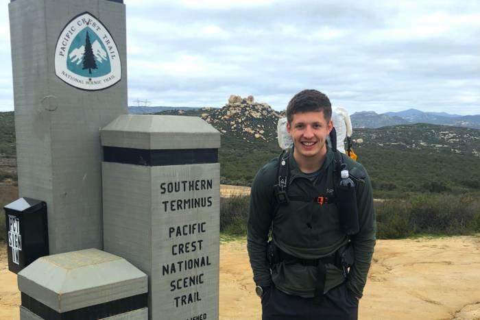 Trevor Laher, PCT hiker, at the Southern Terminus March 2020 (photo Doug Laher)