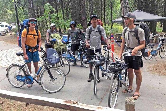 JMT hikers using the bike share; (photo/Yosemite Conservancy, Ryan Kelly)