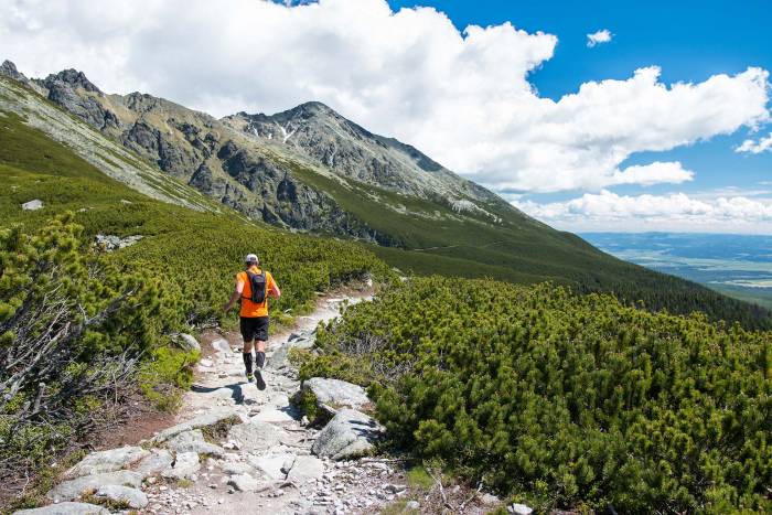 a man running along a rocky trail in the mountains