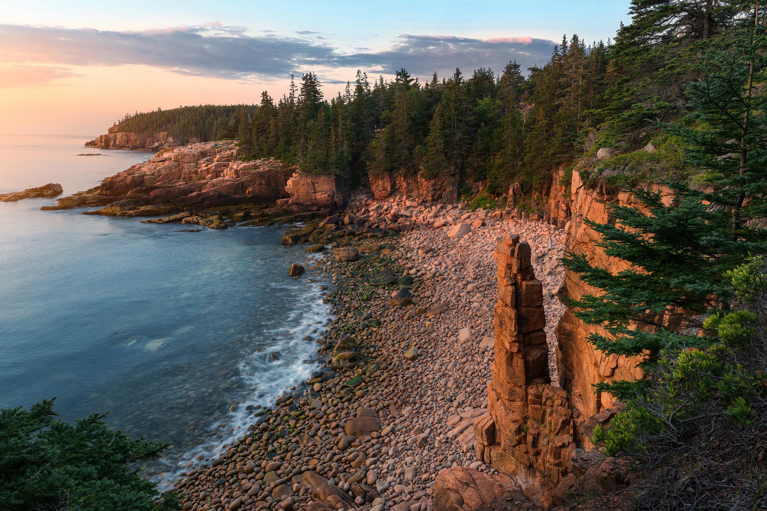 the maine coastline at sunrise