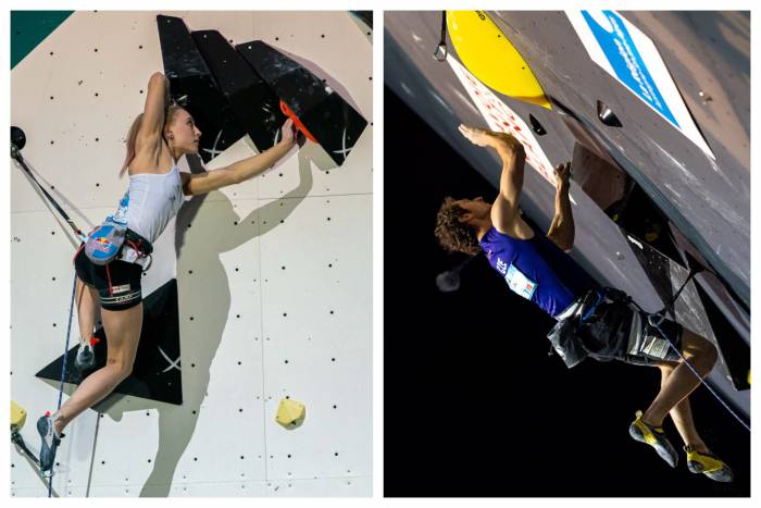 Janja Garnbret (SLO) and Adam Ondra (CZE) compete in the Lead World Cup finals in Chamonix, July 10, 2022; (photos/Lena Drapella for IFSC)