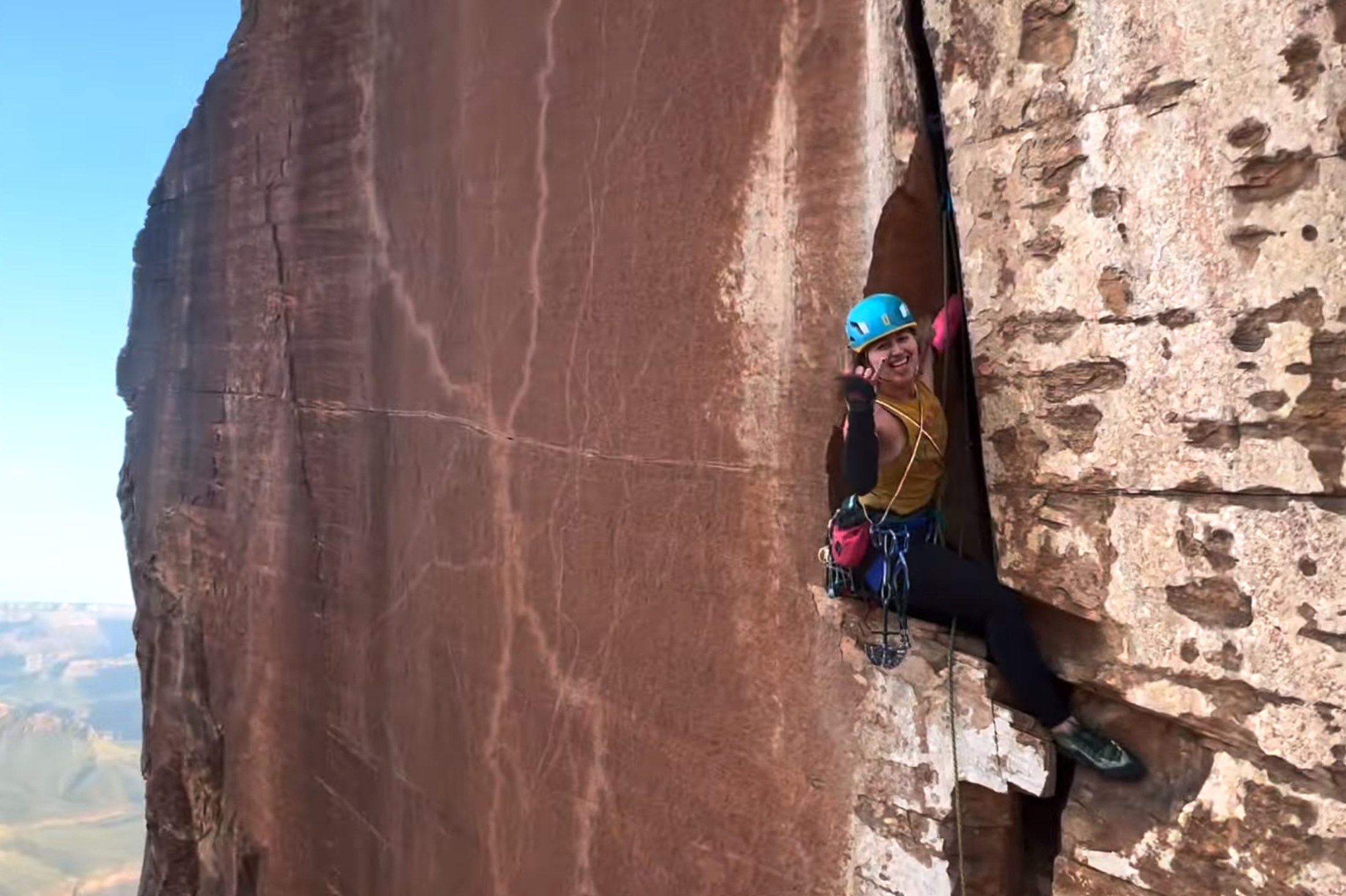Crack climbing specialists Mary Eden and Kaya Lindsay crank hard on a spicy multipitch route deep within Grand Canyon National Park.