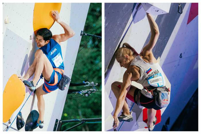 Taisei Homma (left) and Janja Garnbret (right) vie for gold at the 2022 IFSC Lead World Cup in Villars, Switzerland.