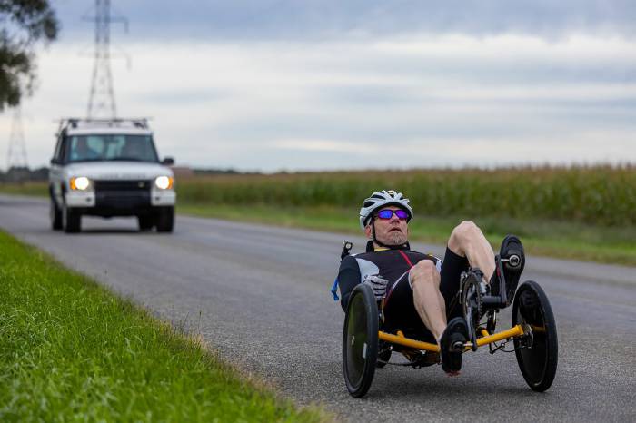 Marshall Randall riding his recumbent trike