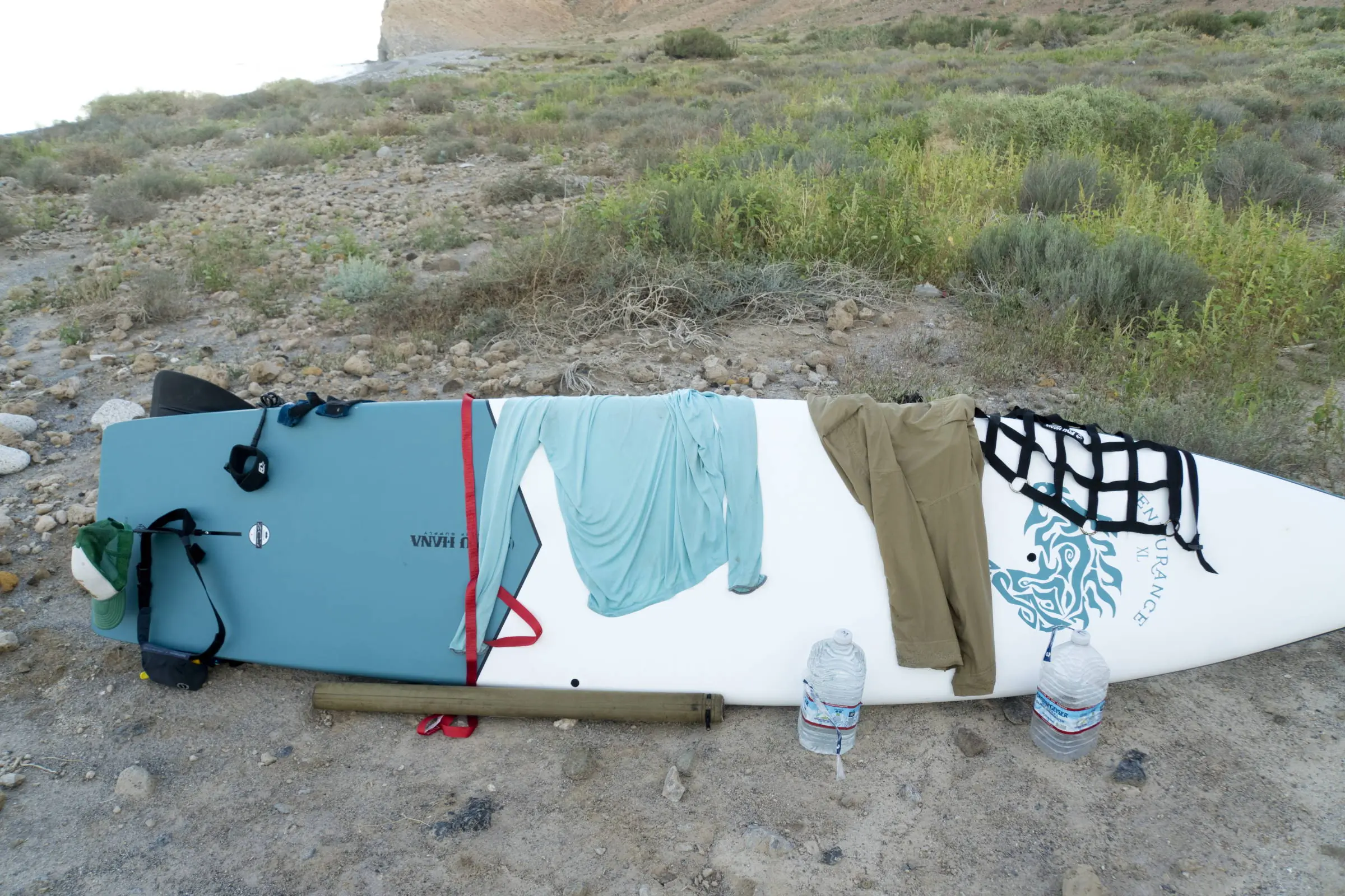 Endurance XL Paddle Board bottom with gear on it, drying out