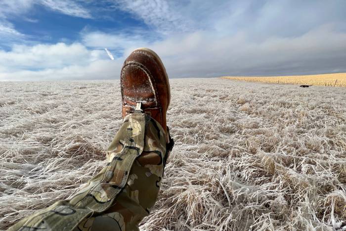 Irish Setter Wingshooter boots over an icy field