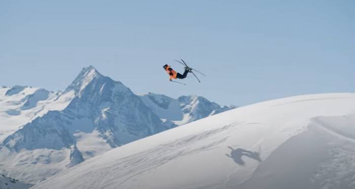 Woman flip ski shredding