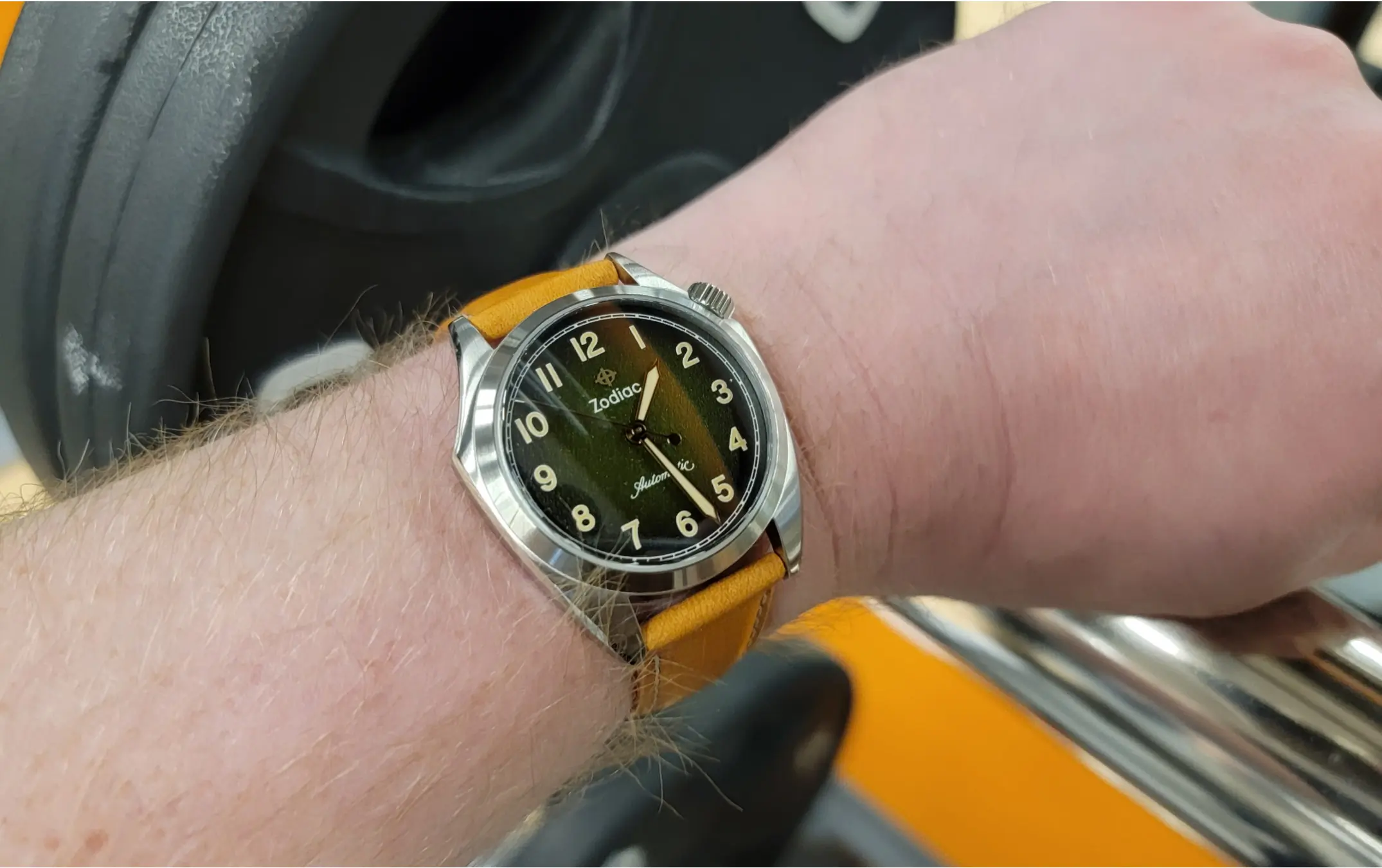 wearing zodiac olympos field watch