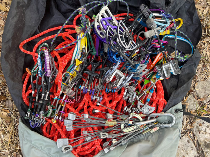 Trad climbing cams and stoppers