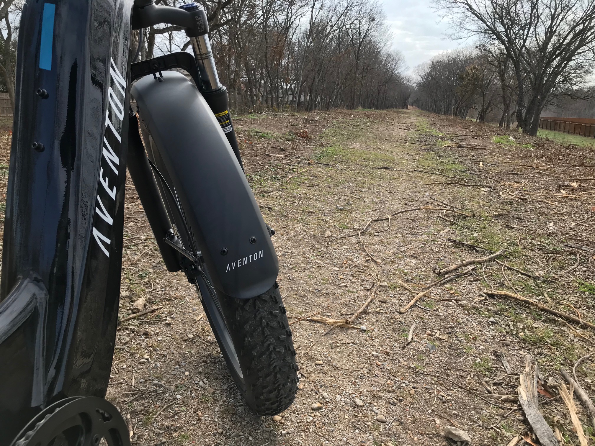 Aventon Aventure 2 e-bike fenders on a gravel path.
