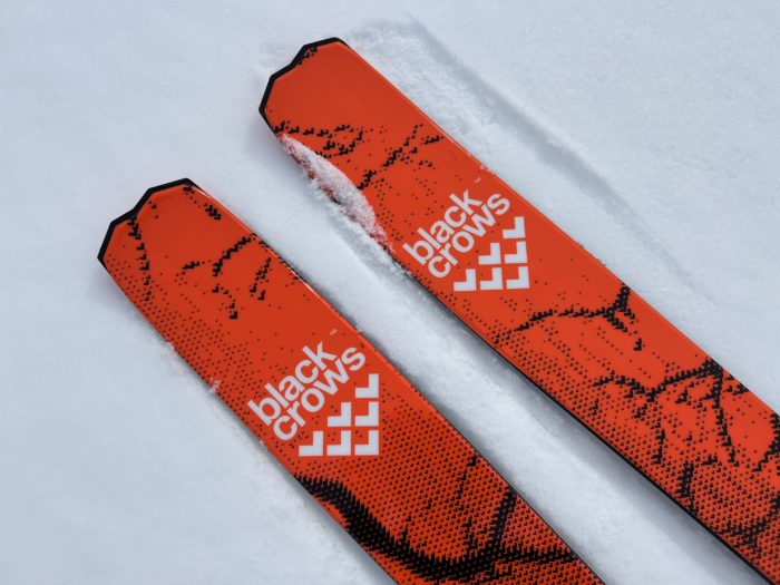 Black Crows Nocta Powder Ski top close-up on snow; (photo/Will Brendza)