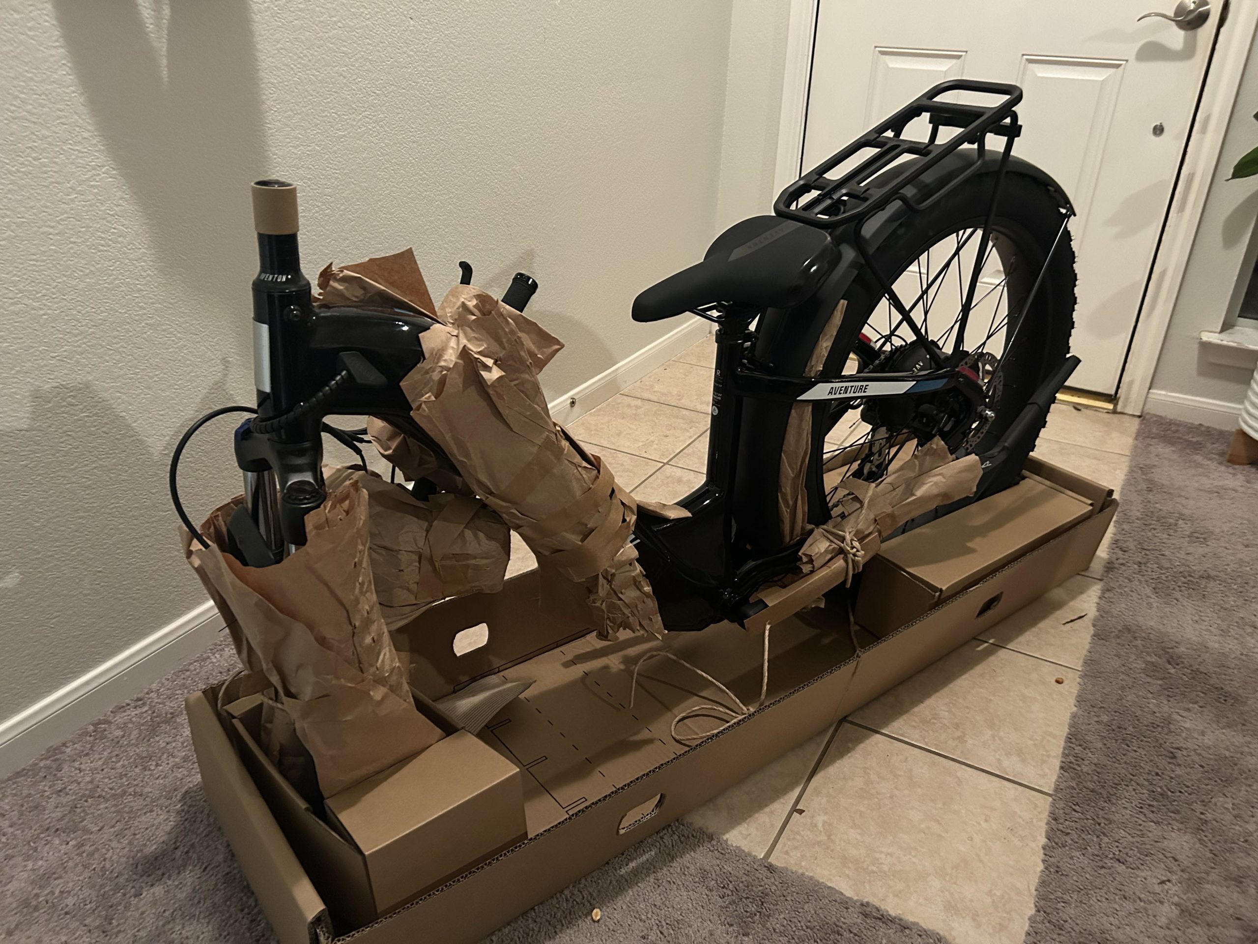 Aventon Aventure 2 e-bike pre-assembly.