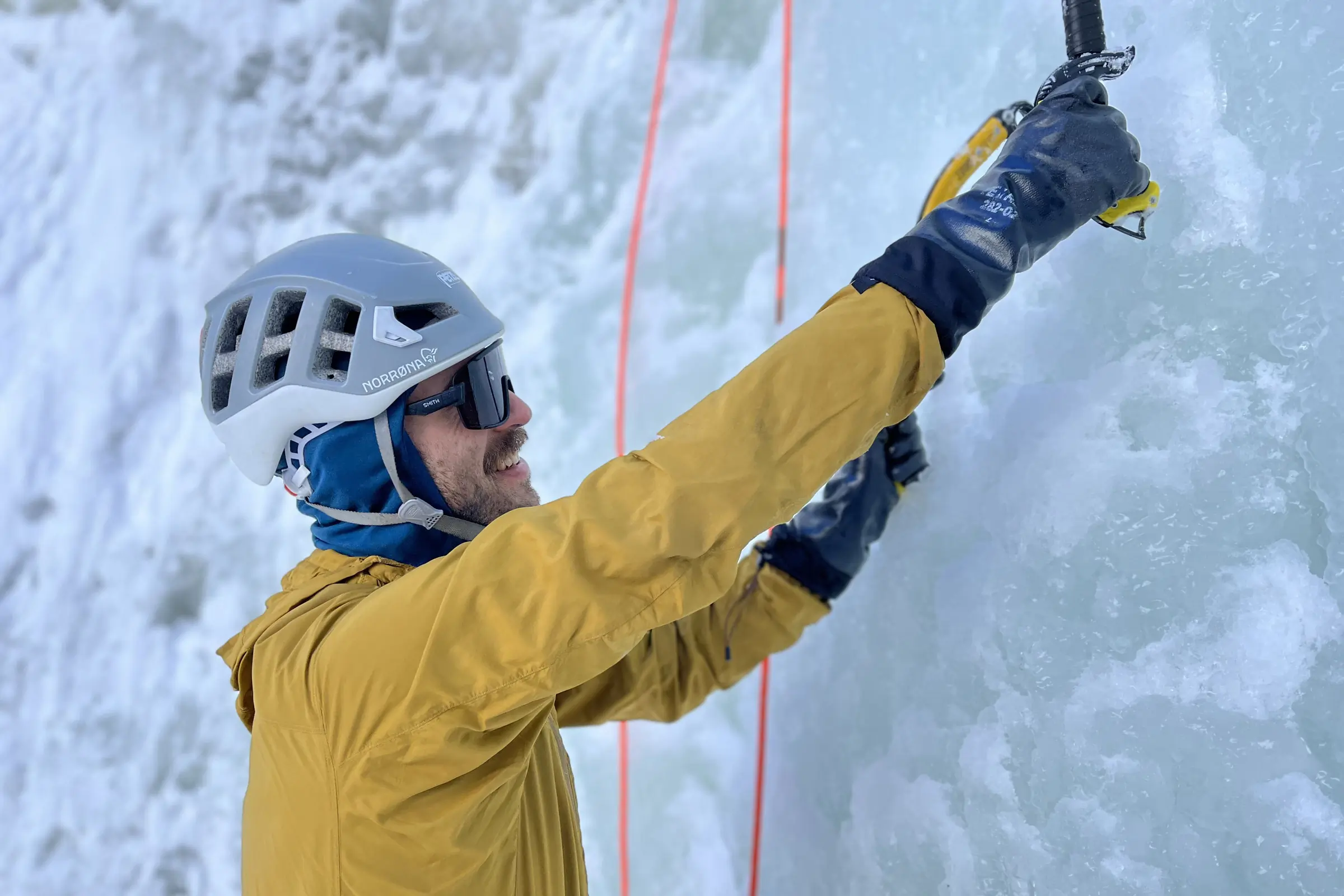 Showa Temres 282-02 gloves worn by climber on ice wall