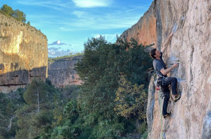 The author climbing in Spain in the Wild Country Mosquito harness