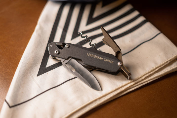 Leatherman multi-tool on napkin.