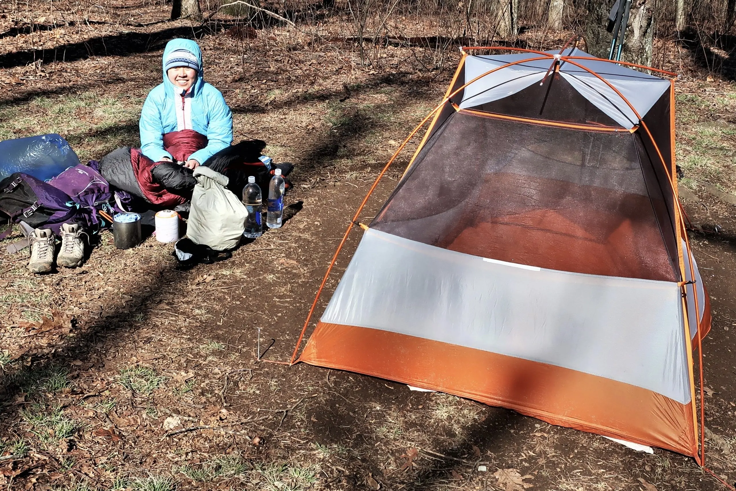The author next to a tent on the Appalachian Trail