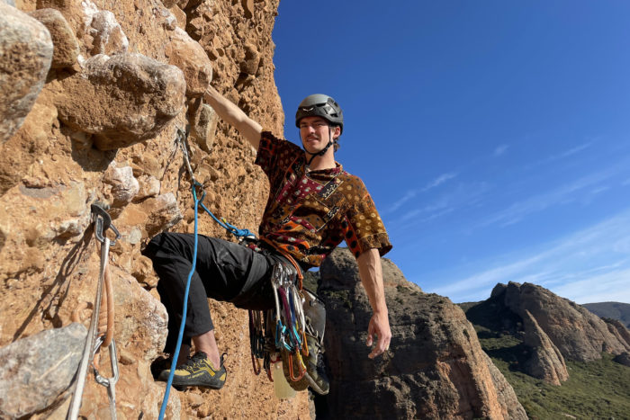 The author sport climbing in Spain with the Sterling Nano 8.9 Xeros rope.