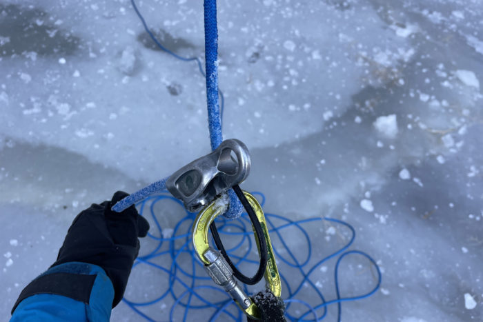 Ice on the sheath of a climbing rope