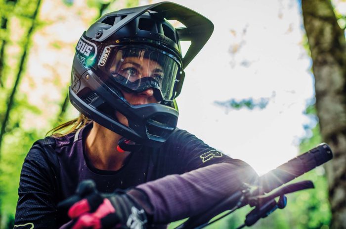 female rider wearing the ABUS AirDrop helmet