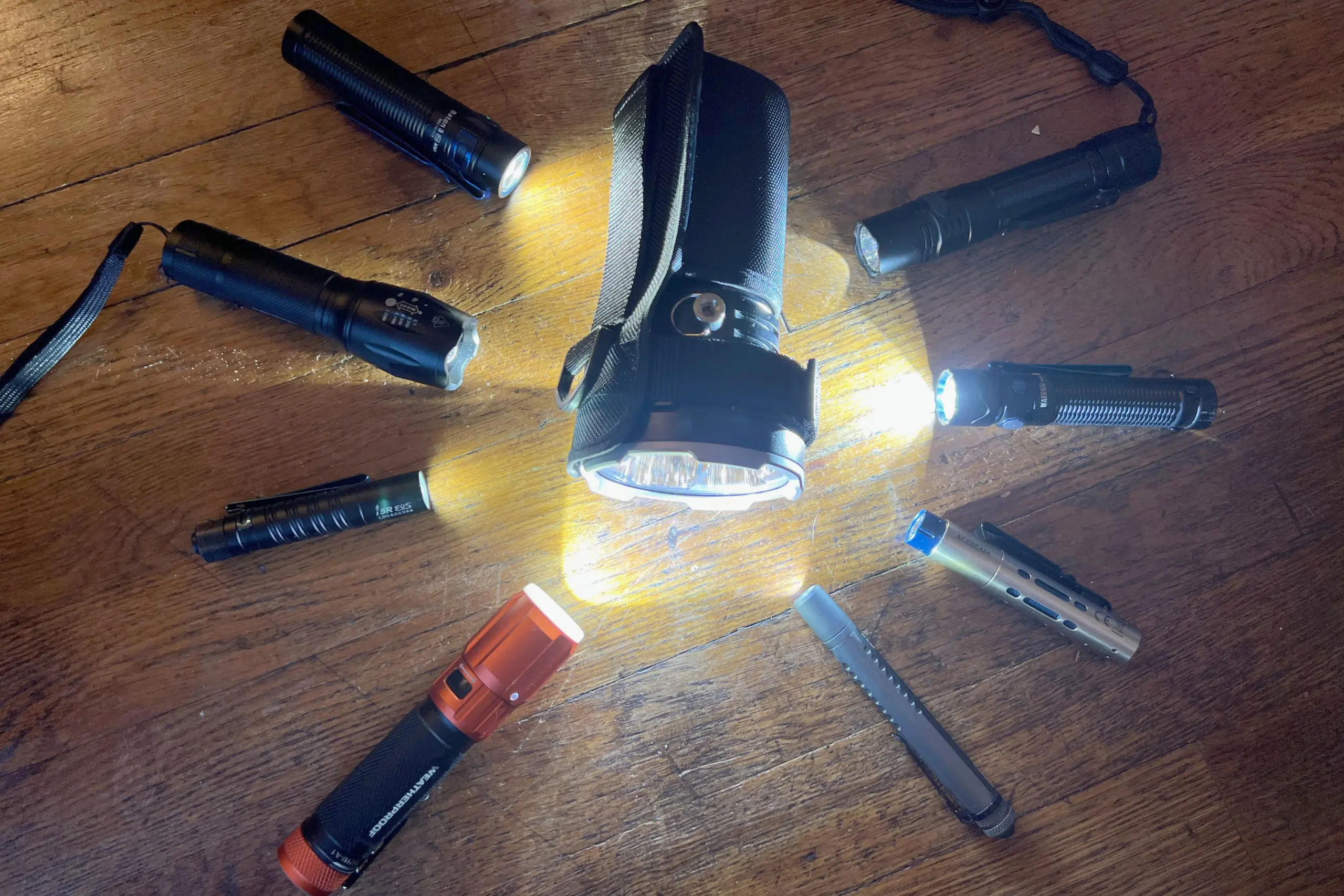 Several flashlights being tested
