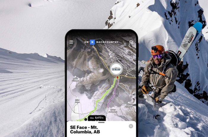 cody townsend bootpacking up a steep spine with an image of the location and approach path on the onx backcountry app