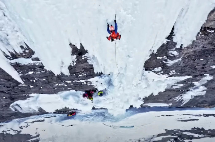 An ice climber on the route "Crack Baby" in Switzerland