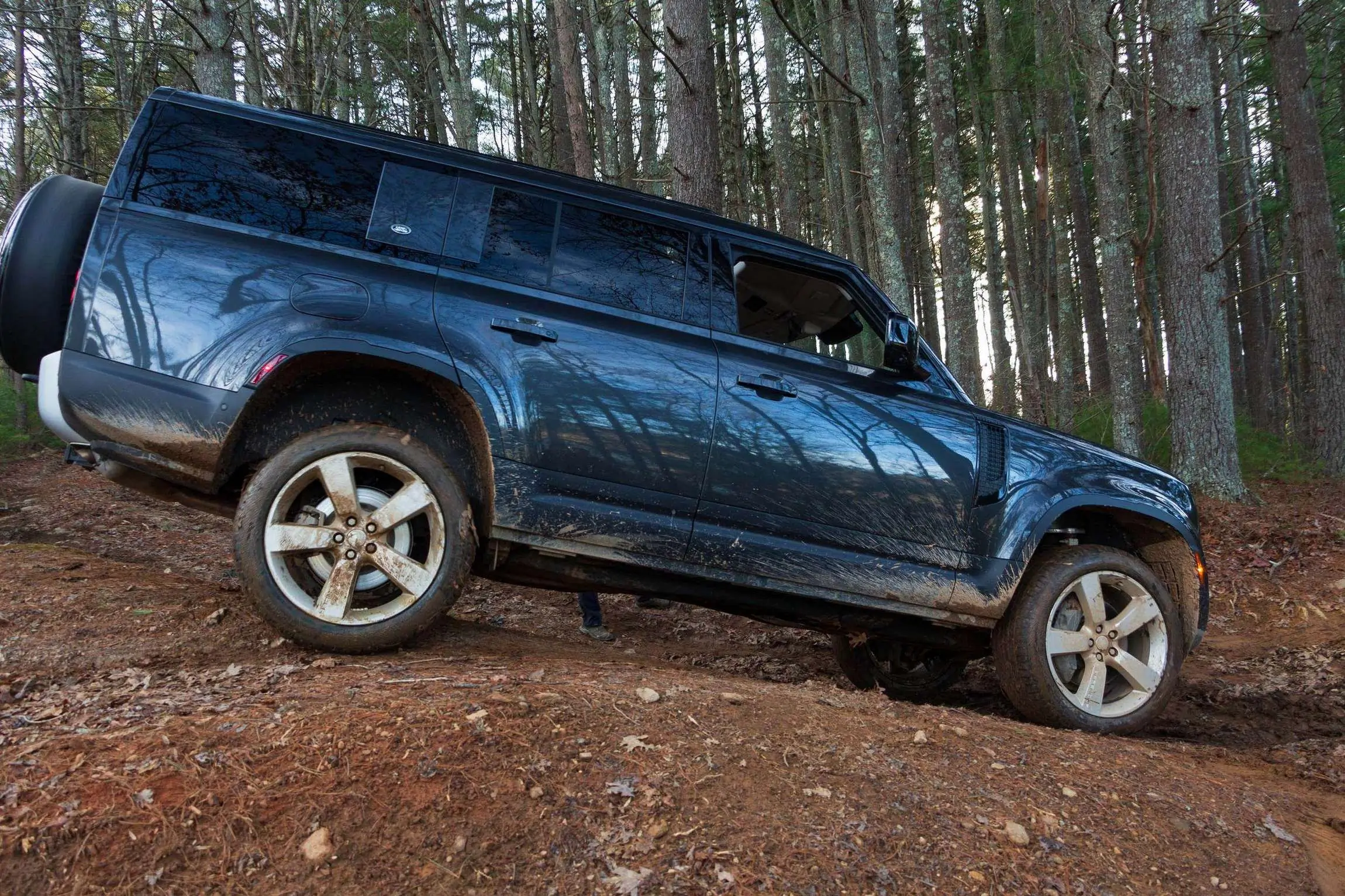 Land Rover Defender 130 Review side view on dirt trail.