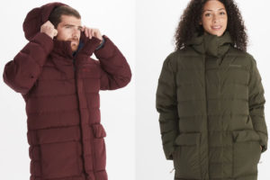 Man and woman models in down parkas