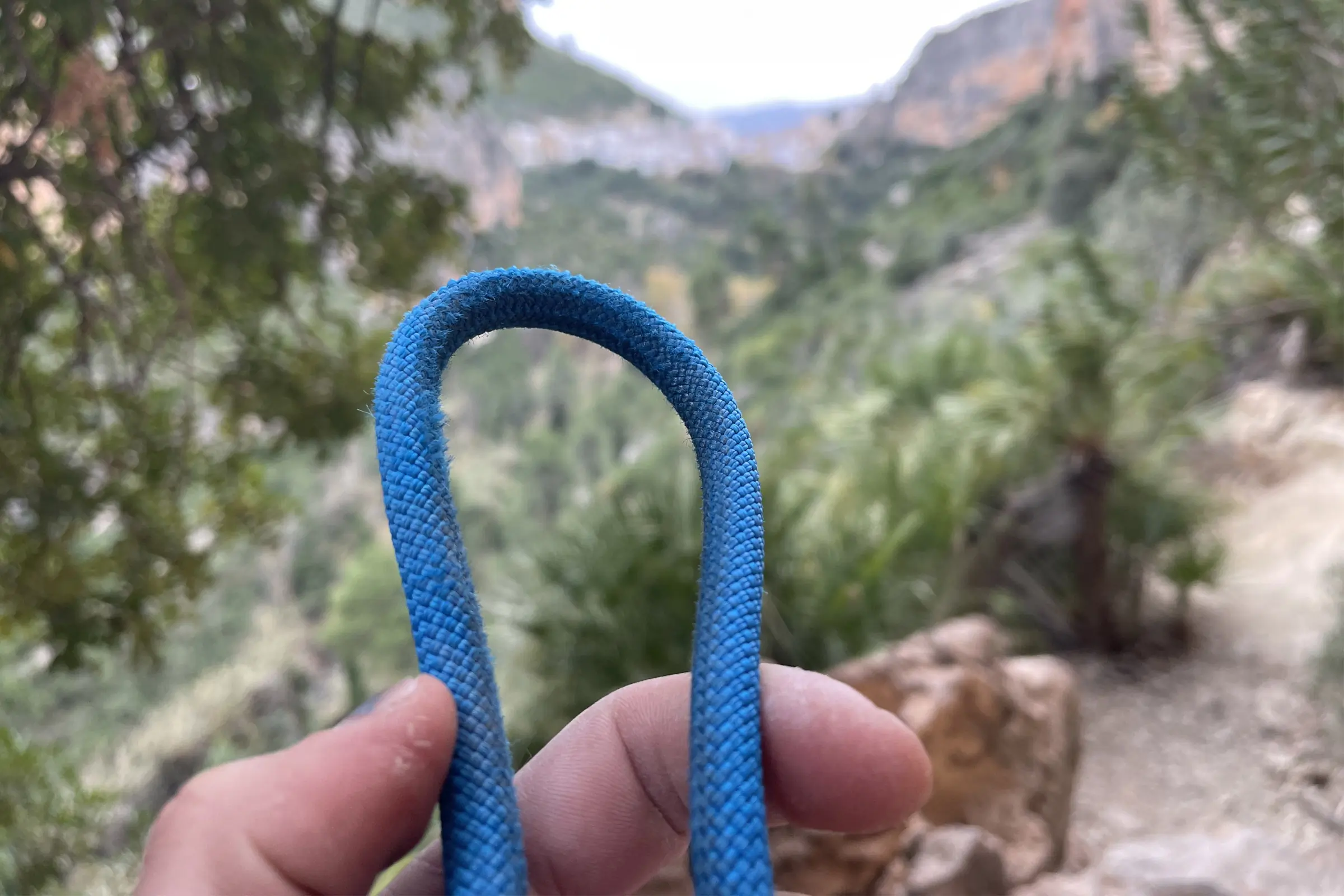 Sheath wear near the tie-in point on the Sterling Nano 8.9 XEROS climbing rope