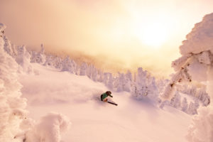 Person snowboarding surrounded by a bright sun and tons of snow