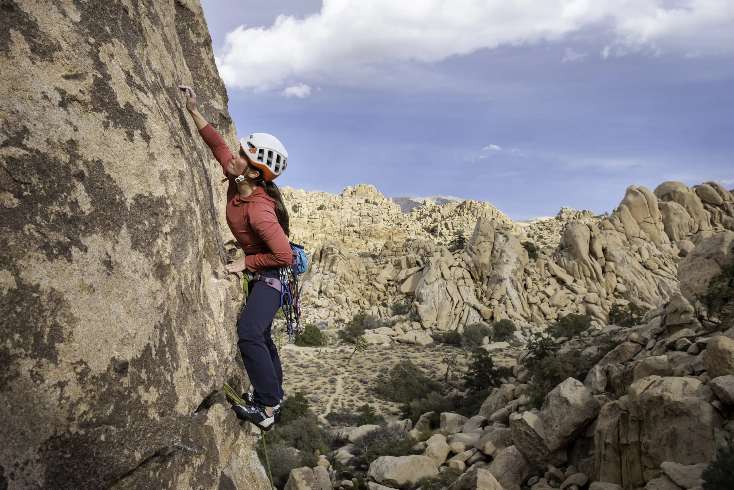 A Climber on Lead in Joshua Tree National Park Wearing the Arc'teryx Women's Gamma LT Pants