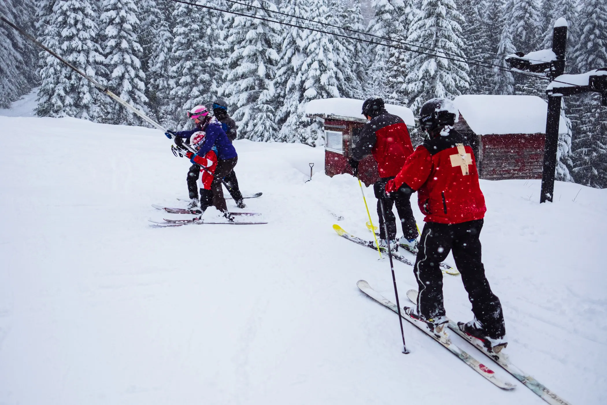 Skiers and patrol on the T-bar at Bald Mountain