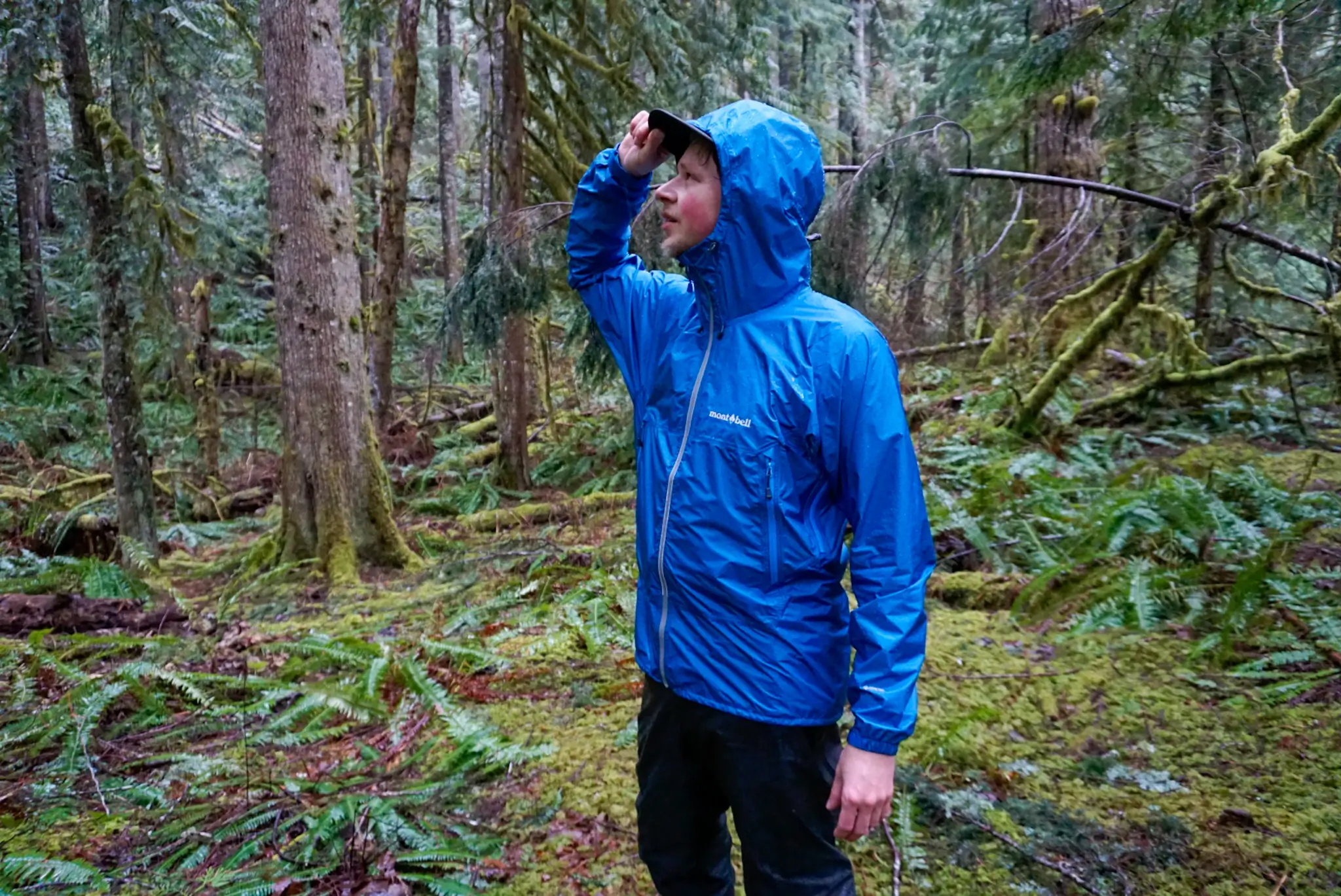 Hiker Wearing the Mont Bell Versalite Rain Jacket in Washington State