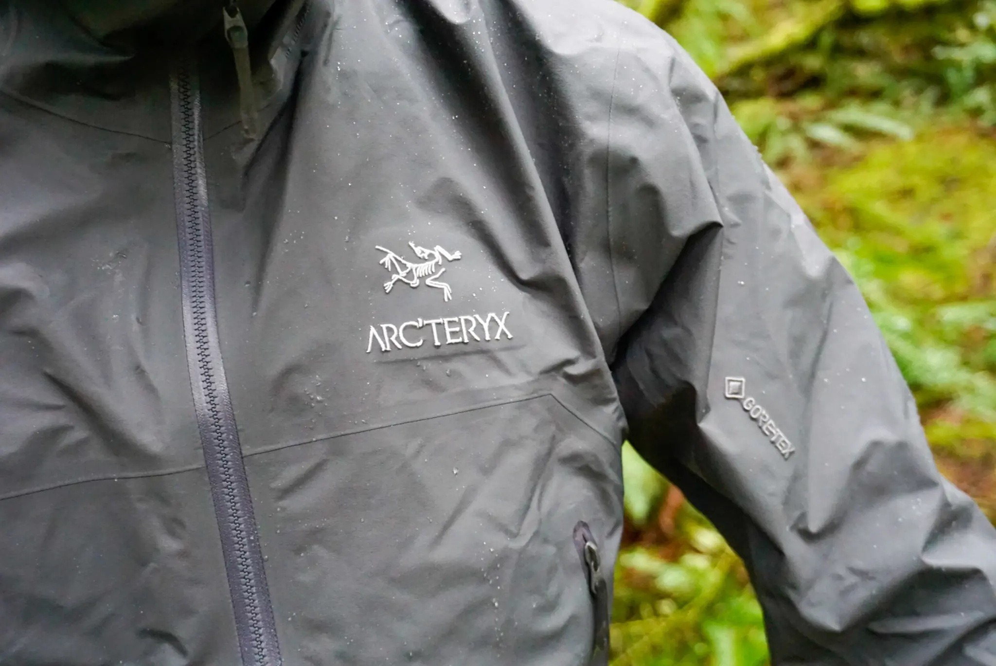 Detail of Arc'teryx Beta Rain Jacket With Rain Droplets Beading