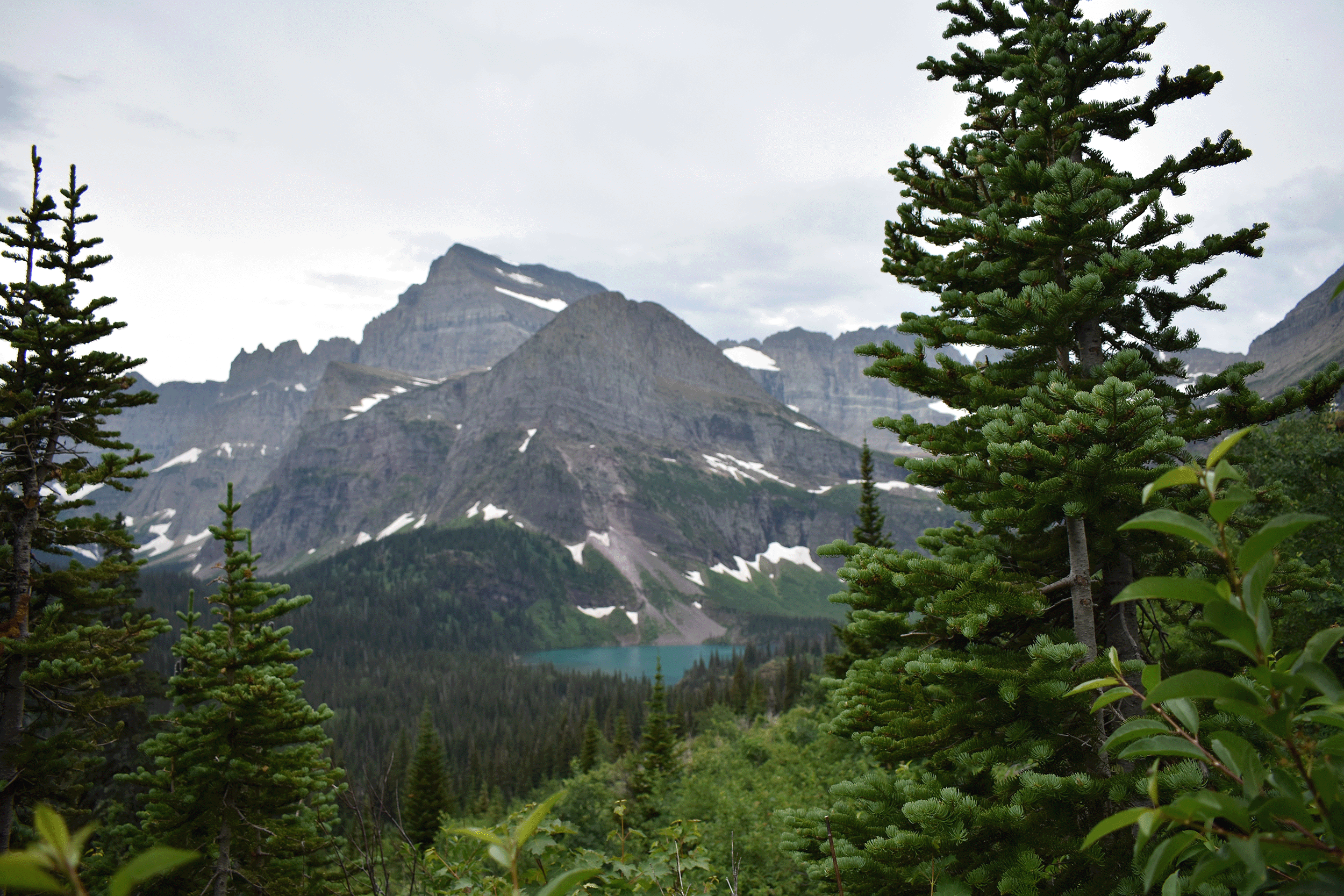 A photo overlooking Grinnell Glacier on an overcast day in Glacier National Park.