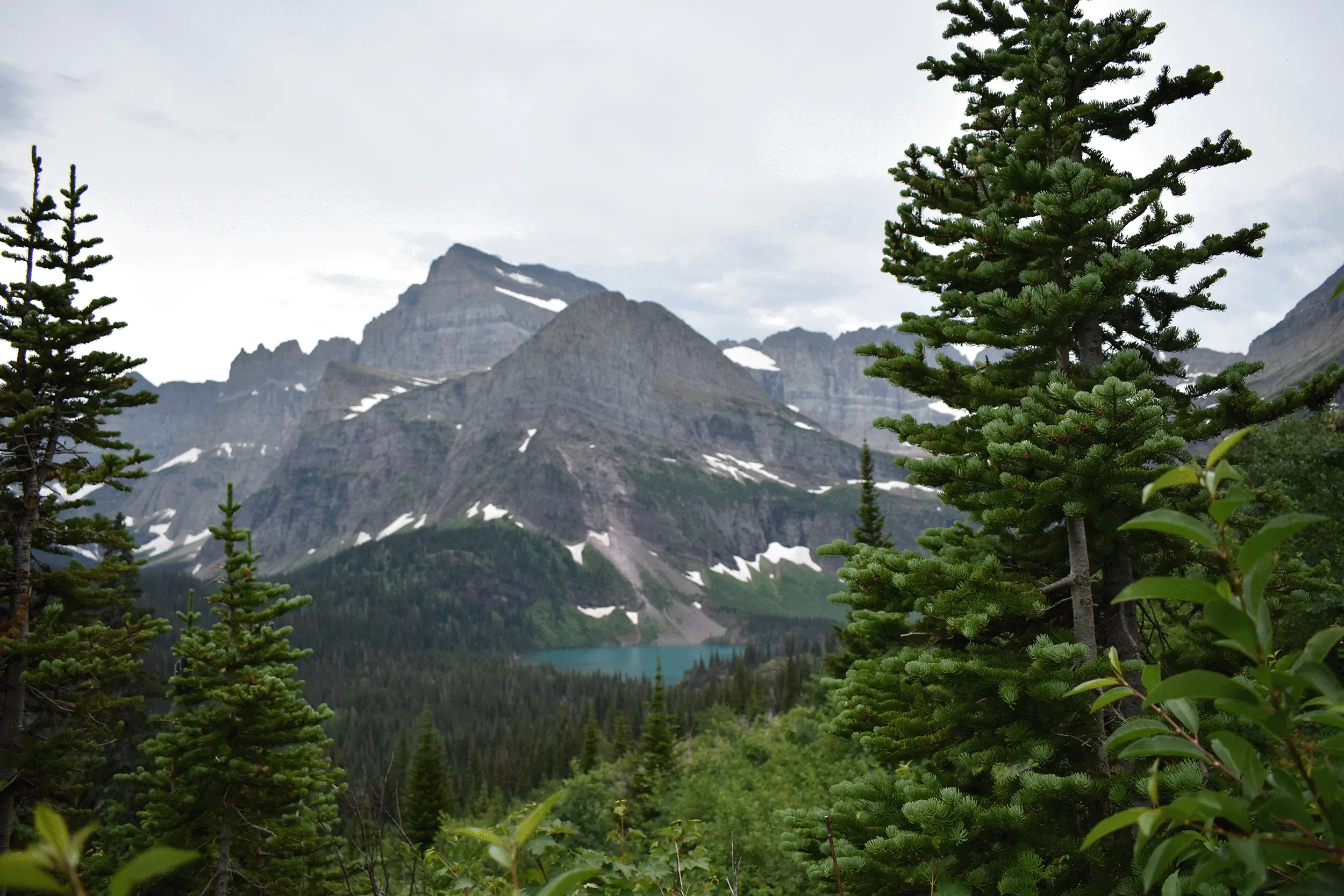 A photo overlooking Grinnell Glacier on an overcast day in Glacier National Park.