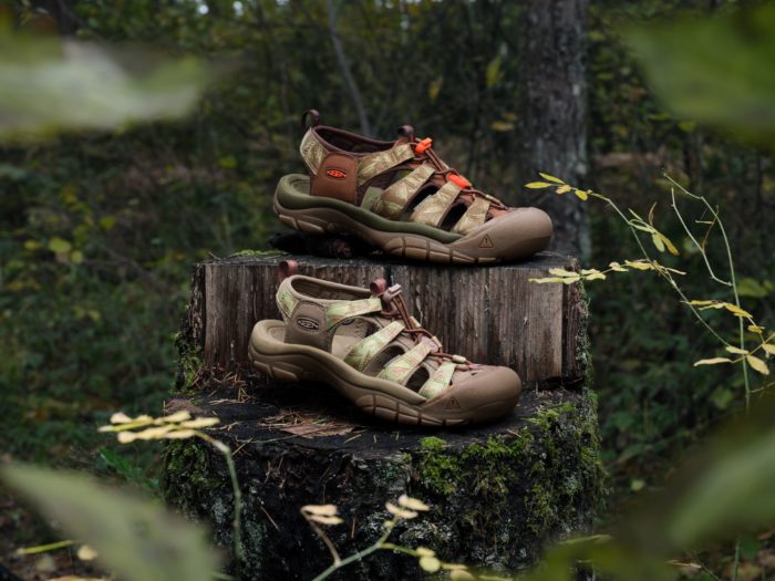 KEEN x Smokey Bear Olive Drab sandals in the woods