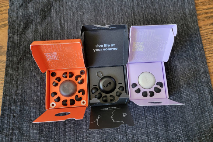 Opened packages of the Loop Quiet, Experience, and Engage earplugs