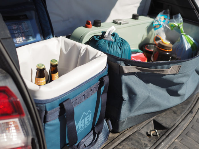 An REI cooler and Pack it All tote sitting in the back of the car ready to go on a camping trip. 