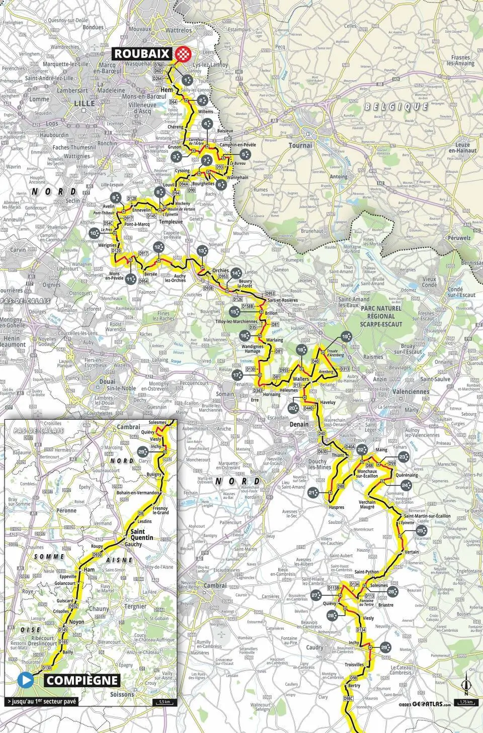 Map for the 2023 Paris–Roubaix