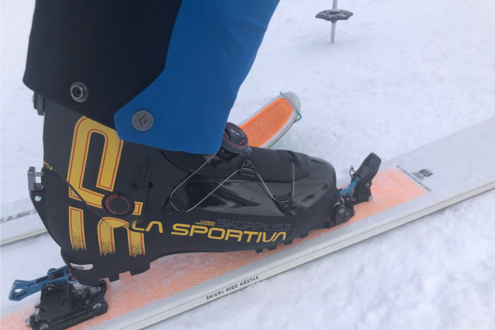 Closeup of the La Sportiva Skorpius CR II boots on Castle TX103 skis