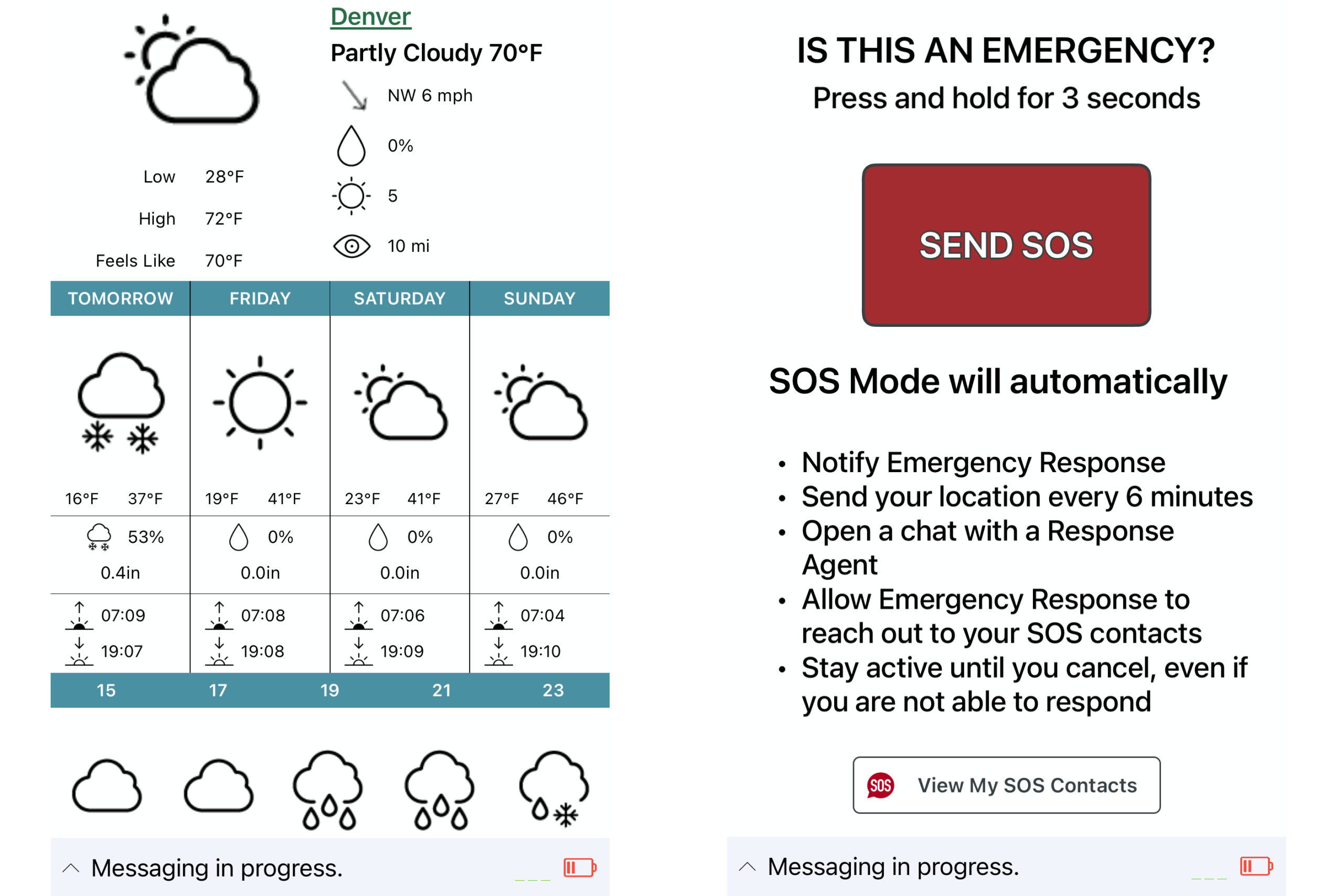 ZOLEO weather and SOS screenshots